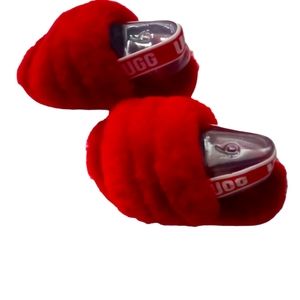 UGG RED YEAH FLUFFY SLING BACK SLIDES FOR GIRLS/ TODDLER FUR